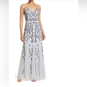 Marina Beaded V-Neck Slate Blue Gown NWT.